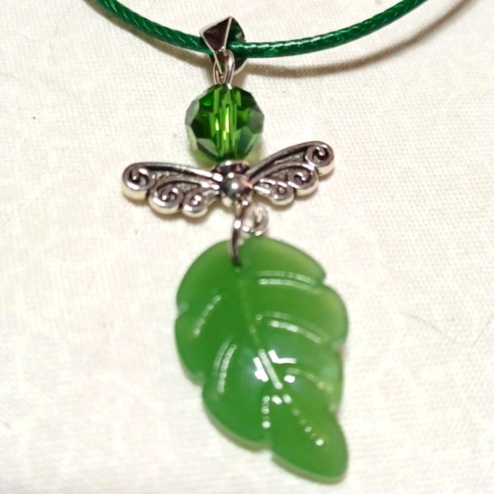 Leaf angel silver green handmade bead pendant charm sprite forest wood tree gem